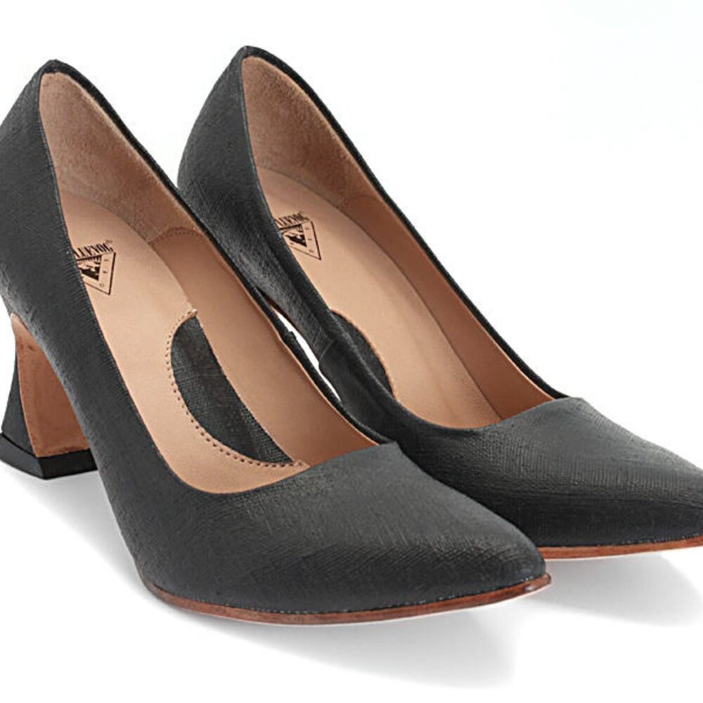 Fluevog Desmond Angular Mid Heel Pumps - Black Canvas - Women's 10